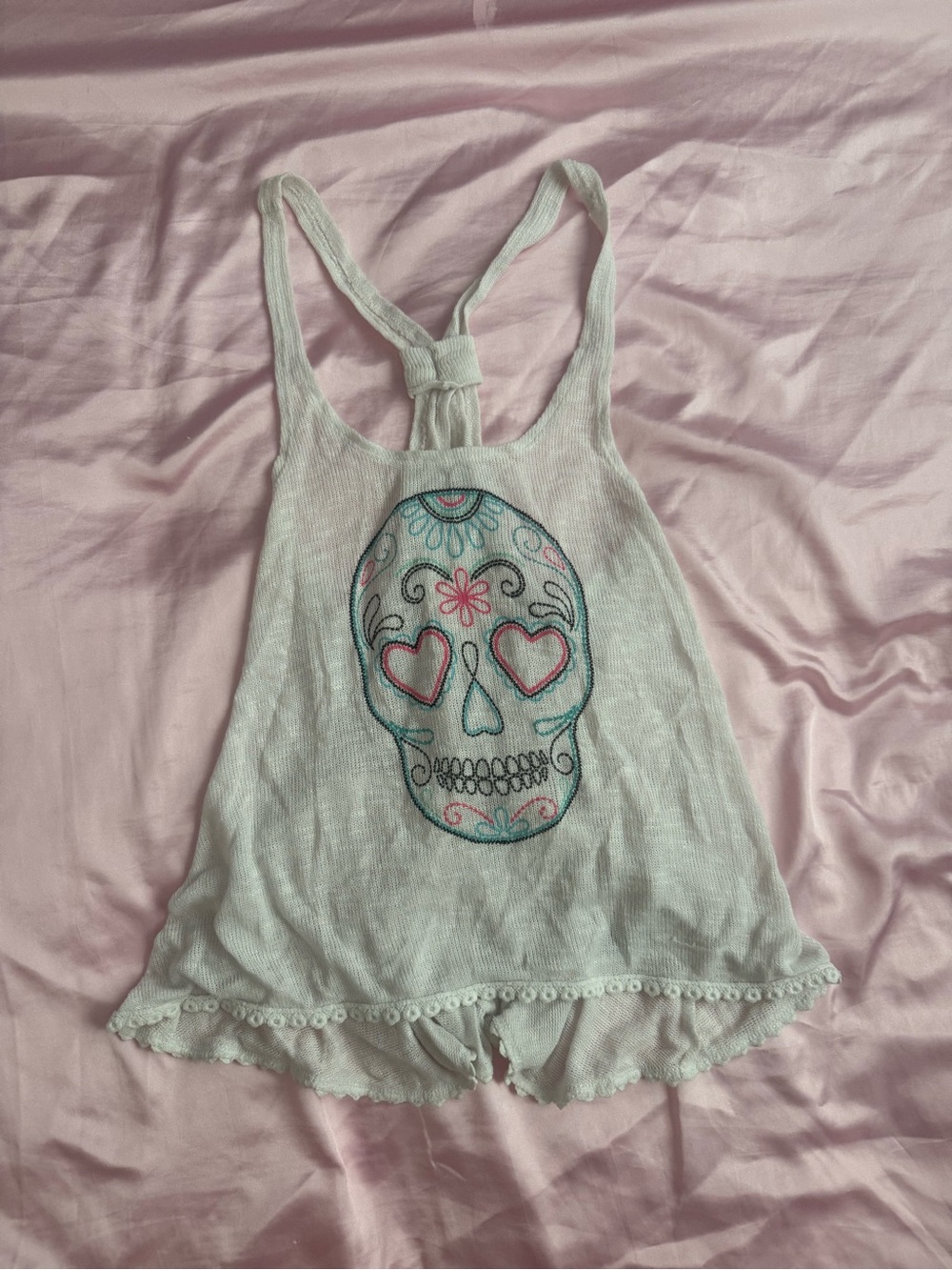 Bethany Mota White Sugar Skull Lace-Trim Split Back Tank Top